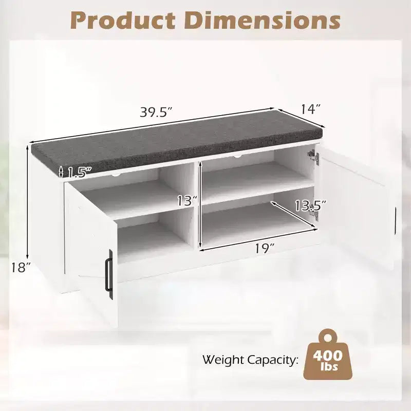 Costway Shoe Bench Farmhouse Shoe Rack Organizer with Cushion 2 Doors 2 Adjustable Shelves