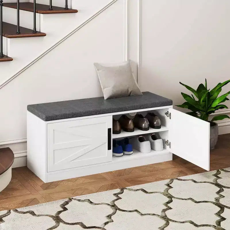 Costway Shoe Bench Farmhouse Shoe Rack Organizer with Cushion 2 Doors 2 Adjustable Shelves