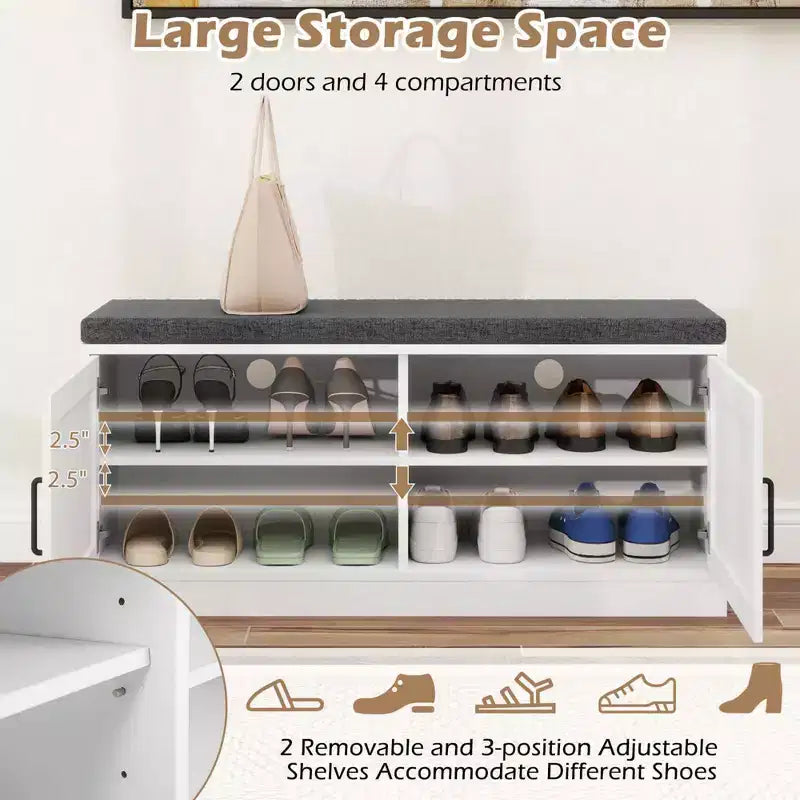 Banc à chaussures Costway, meuble de rangement de style rustique avec coussin, 2 portes et 2 étagères réglables
