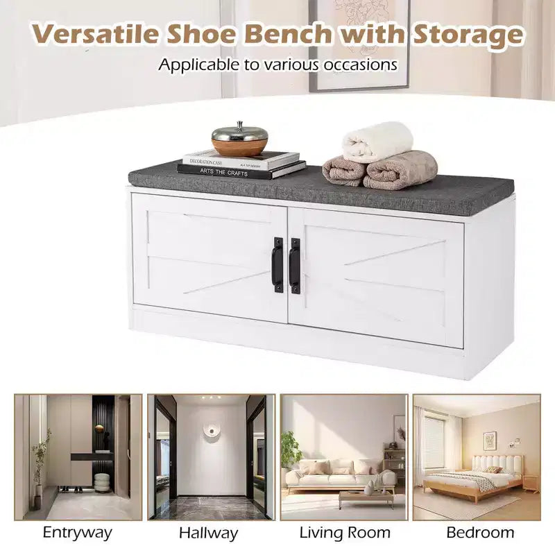 Banc à chaussures Costway, meuble de rangement de style rustique avec coussin, 2 portes et 2 étagères réglables
