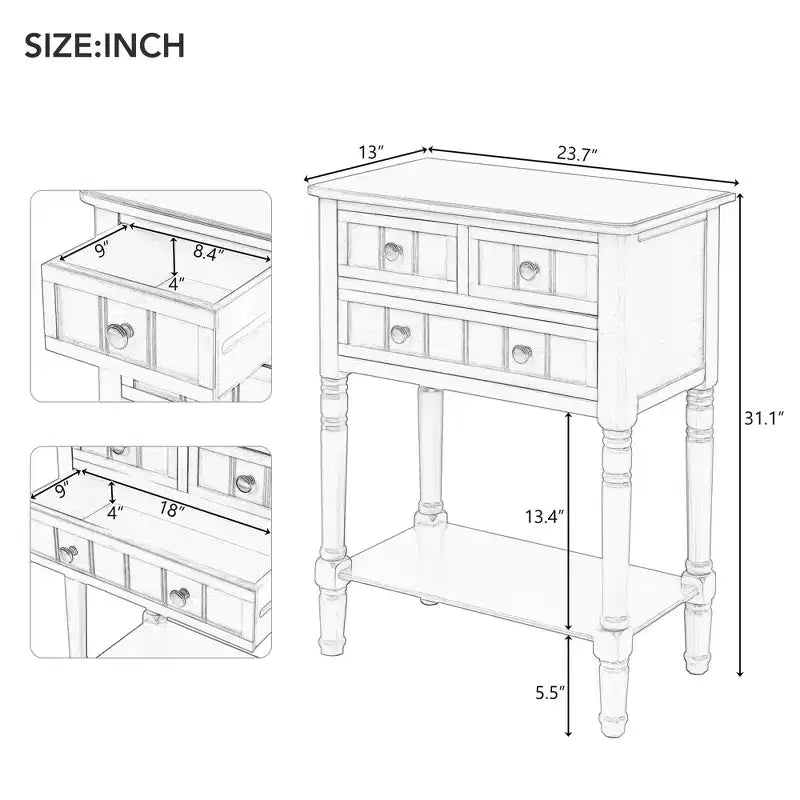 Console en bois rectangulaire AndMakers de 23,7 po avec 3 tiroirs