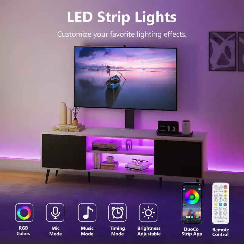 Meuble TV Skyzoo avec support pivotant pour TV 50/55/65 pouces avec lumière LED et prise de courant pour salon, réglable en hauteur, blanc