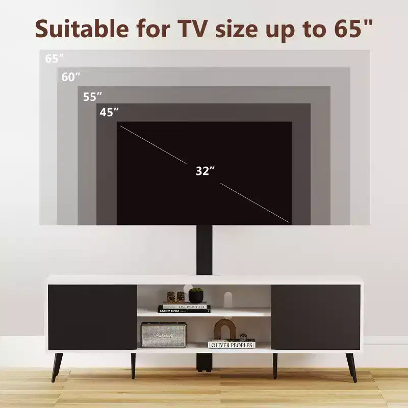 Meuble TV Skyzoo avec support pivotant pour TV 50/55/65 pouces avec lumière LED et prise de courant pour salon, réglable en hauteur, blanc