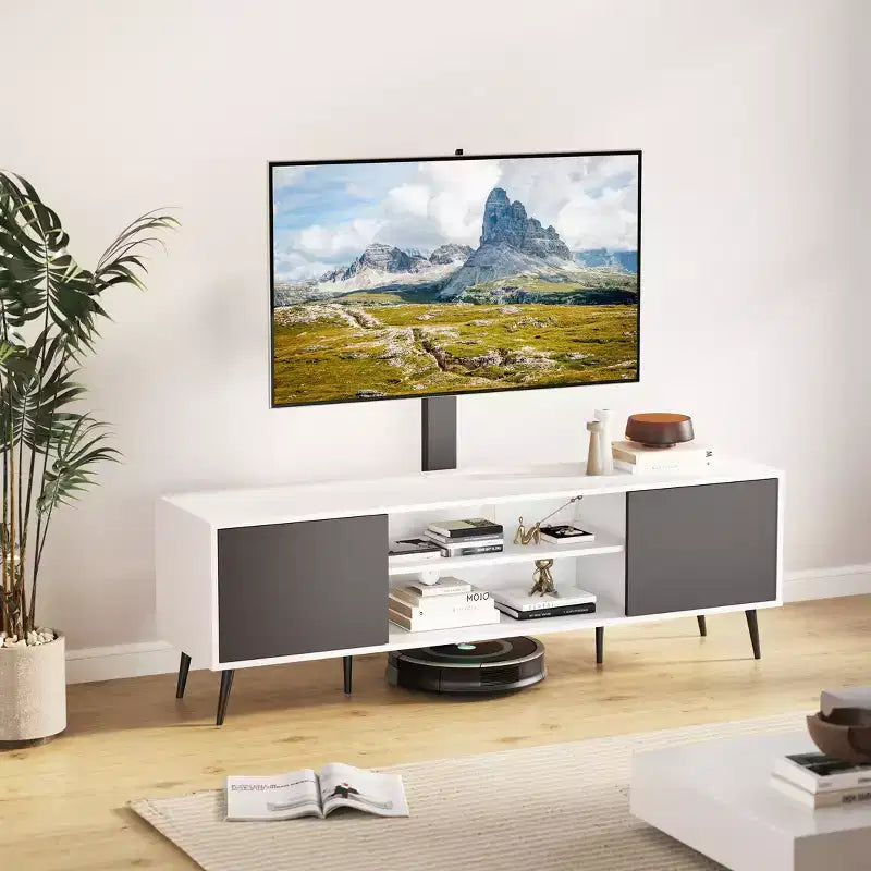 Meuble TV Skyzoo avec support pivotant pour TV 50/55/65 pouces avec lumière LED et prise de courant pour salon, réglable en hauteur, blanc