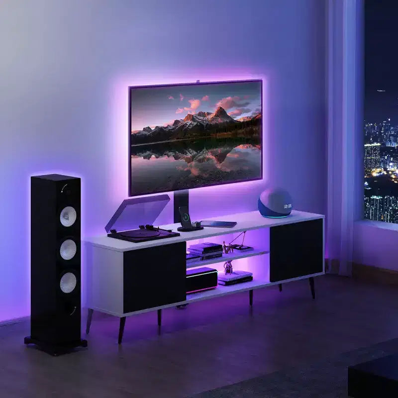Meuble TV Skyzoo avec support pivotant pour TV 50/55/65 pouces avec lumière LED et prise de courant pour salon, réglable en hauteur, blanc