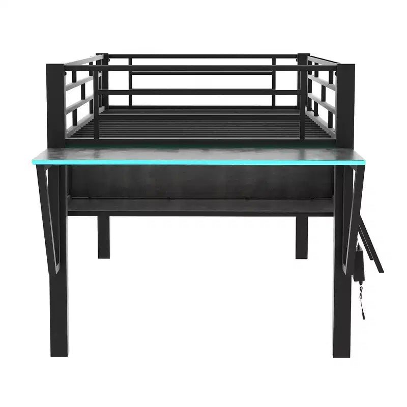 Lit mezzanine double/simple, cadre de lit de jeu en métal avec bureau, étagères de rangement et lumière LED, Noir -ModernLuxe