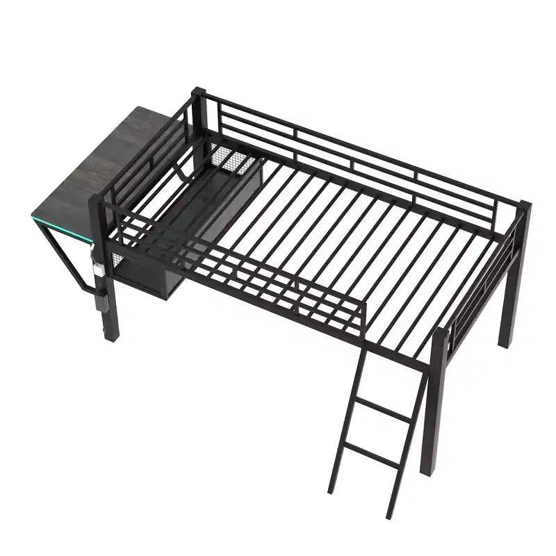 Lit mezzanine double/simple, cadre de lit de jeu en métal avec bureau, étagères de rangement et lumière LED, Noir -ModernLuxe