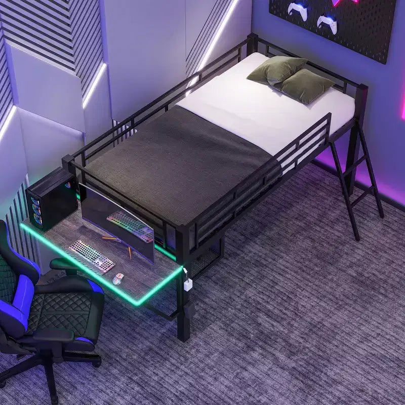 Lit mezzanine double/simple, cadre de lit de jeu en métal avec bureau, étagères de rangement et lumière LED, Noir -ModernLuxe