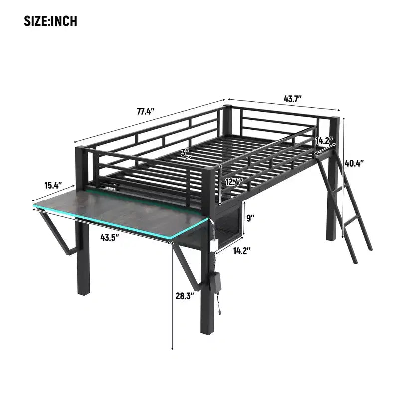 Lit mezzanine double/simple, cadre de lit de jeu en métal avec bureau, étagères de rangement et lumière LED, Noir -ModernLuxe