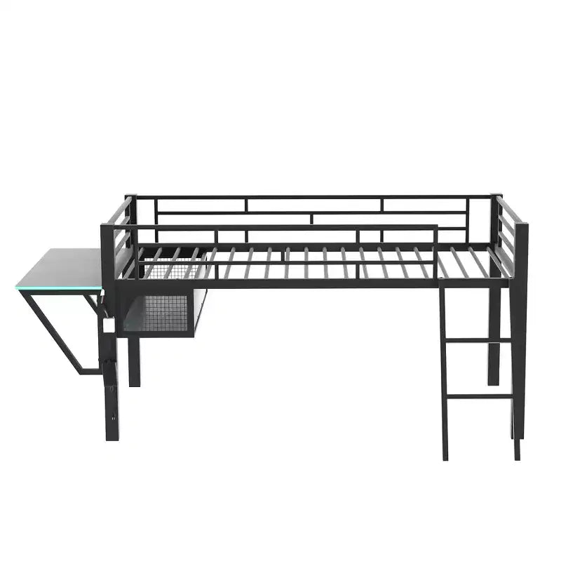 Lit mezzanine double/simple, cadre de lit de jeu en métal avec bureau, étagères de rangement et lumière LED, Noir -ModernLuxe