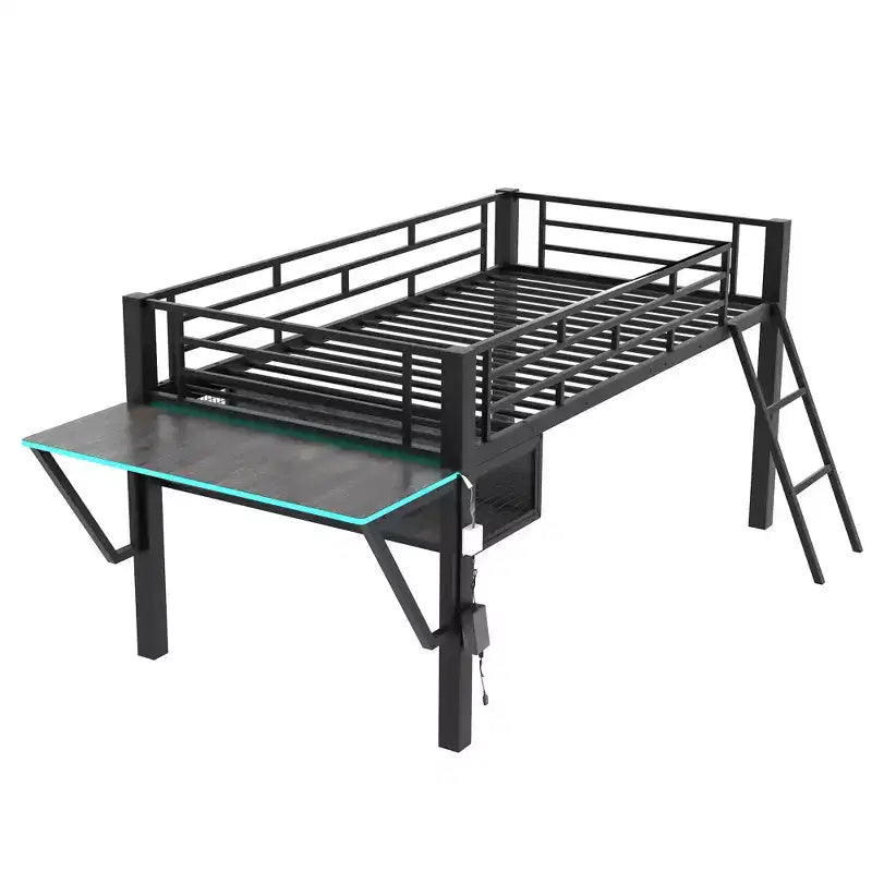 Lit mezzanine double/simple, cadre de lit de jeu en métal avec bureau, étagères de rangement et lumière LED, Noir -ModernLuxe