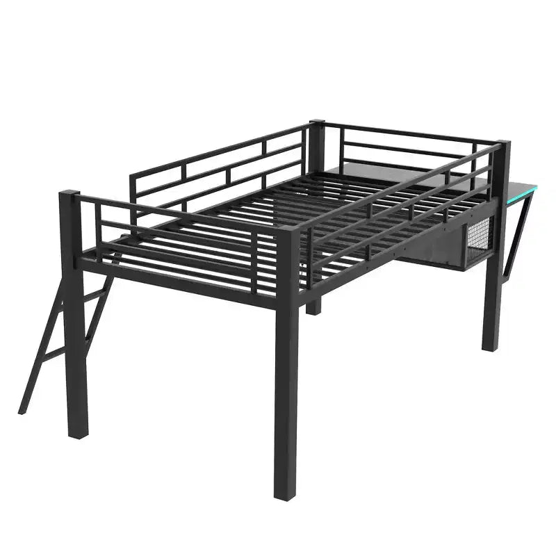Lit mezzanine double/simple, cadre de lit de jeu en métal avec bureau, étagères de rangement et lumière LED, Noir -ModernLuxe
