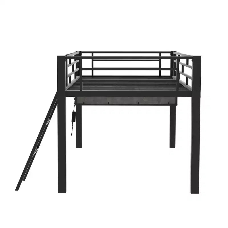 Lit mezzanine double/simple, cadre de lit de jeu en métal avec bureau, étagères de rangement et lumière LED, Noir -ModernLuxe