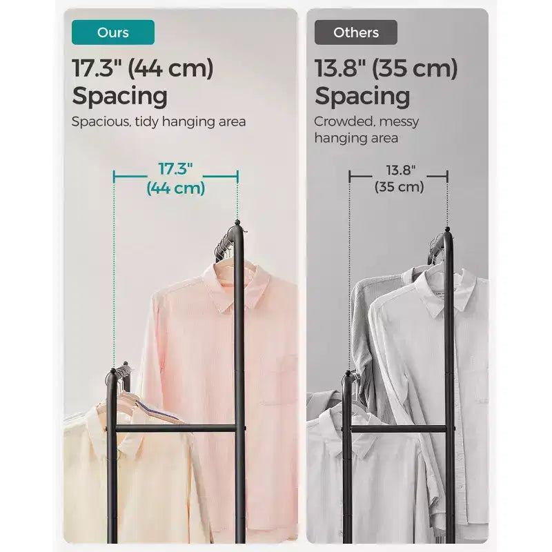 Double - Rod Clothes Rack with Wheels - Heavy - Duty, 2 Brakes, Mesh Storage Shelf. Each Top Rail Holds 77 lb, Ideal for Hanging Clothes