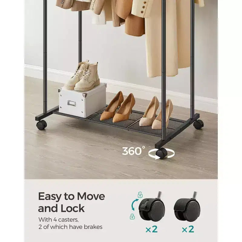 Double - Rod Clothes Rack with Wheels - Heavy - Duty, 2 Brakes, Mesh Storage Shelf. Each Top Rail Holds 77 lb, Ideal for Hanging Clothes