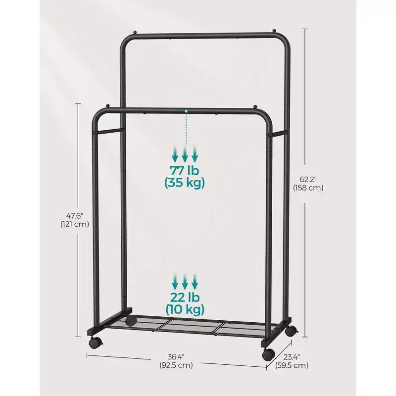 Double - Rod Clothes Rack with Wheels - Heavy - Duty, 2 Brakes, Mesh Storage Shelf. Each Top Rail Holds 77 lb, Ideal for Hanging Clothes