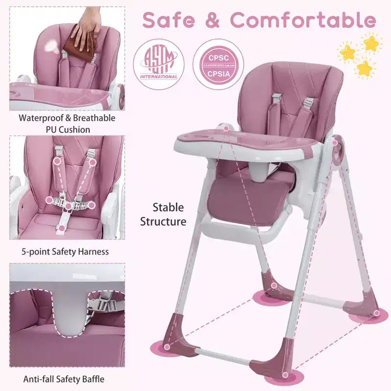 Baby High Chair,Foldable Infant Highchairs with Removable Tray,Adjustable Height and Recline,High Chair for Babies & Toddlers