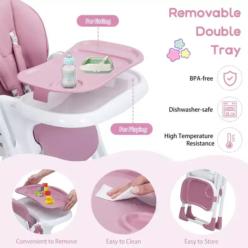 Baby High Chair,Foldable Infant Highchairs with Removable Tray,Adjustable Height and Recline,High Chair for Babies & Toddlers