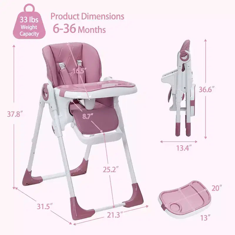 Baby High Chair,Foldable Infant Highchairs with Removable Tray,Adjustable Height and Recline,High Chair for Babies & Toddlers