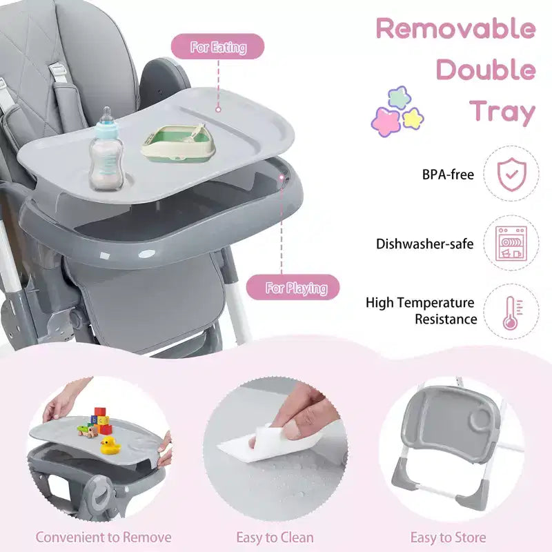 Baby High Chair,Foldable Infant Highchairs with Removable Tray,Adjustable Height and Recline,High Chair for Babies & Toddlers