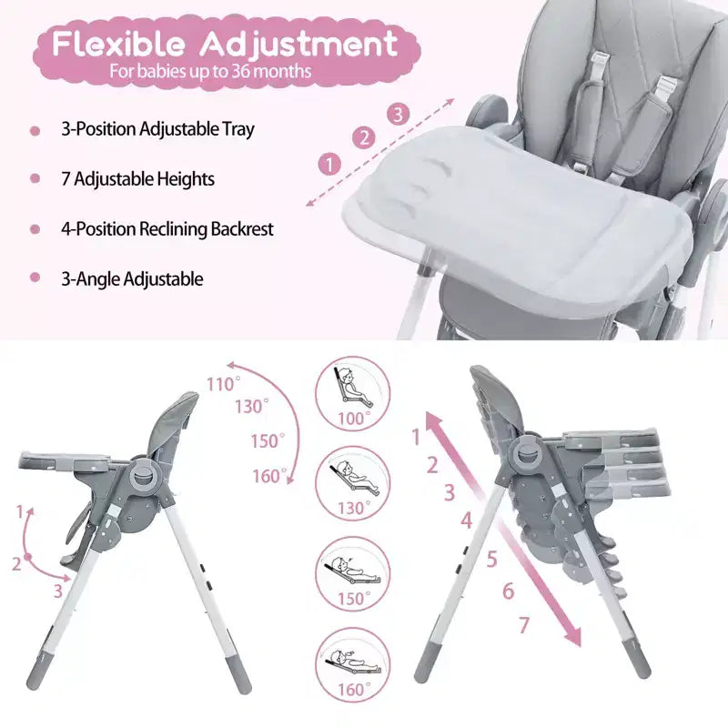 Baby High Chair,Foldable Infant Highchairs with Removable Tray,Adjustable Height and Recline,High Chair for Babies & Toddlers