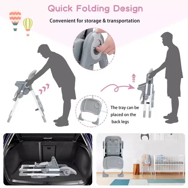 Baby High Chair,Foldable Infant Highchairs with Removable Tray,Adjustable Height and Recline,High Chair for Babies & Toddlers