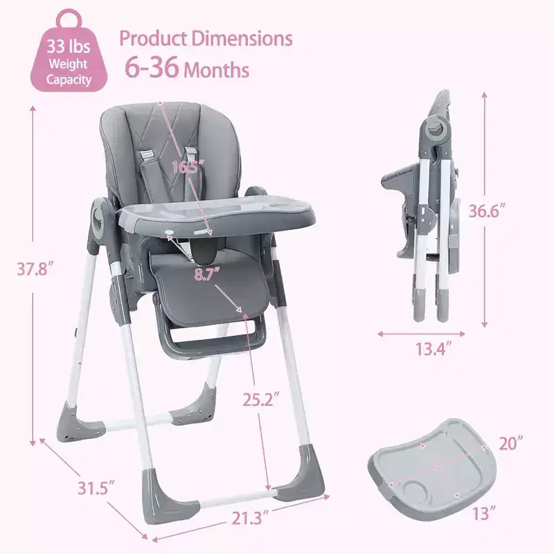 Baby High Chair,Foldable Infant Highchairs with Removable Tray,Adjustable Height and Recline,High Chair for Babies & Toddlers