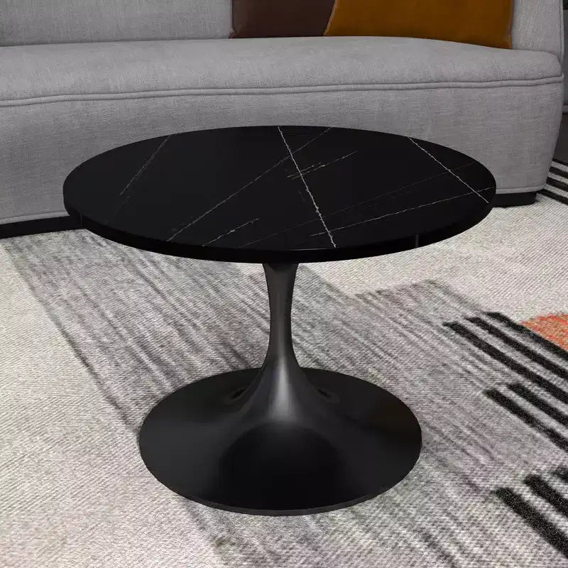 Table Basse Ronde LeisureMod Verve 24 - Plateau en Pierre Frittée et Piètement Socle Noir Moderne, Table d'Appoint pour Salon Contemporain