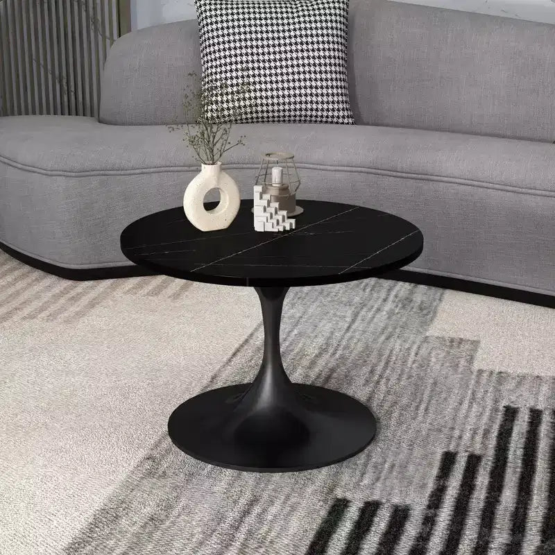 Table Basse Ronde LeisureMod Verve 24 - Plateau en Pierre Frittée et Piètement Socle Noir Moderne, Table d'Appoint pour Salon Contemporain