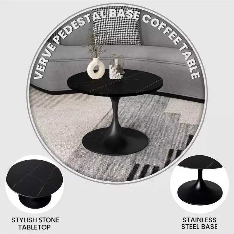 Table Basse Ronde LeisureMod Verve 24 - Plateau en Pierre Frittée et Piètement Socle Noir Moderne, Table d'Appoint pour Salon Contemporain