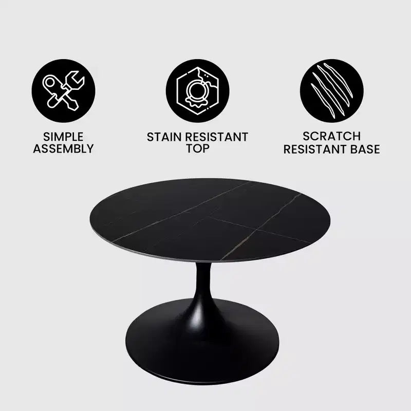 Table Basse Ronde LeisureMod Verve 24 - Plateau en Pierre Frittée et Piètement Socle Noir Moderne, Table d'Appoint pour Salon Contemporain