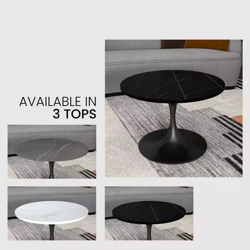 Table Basse Ronde LeisureMod Verve 24 - Plateau en Pierre Frittée et Piètement Socle Noir Moderne, Table d'Appoint pour Salon Contemporain