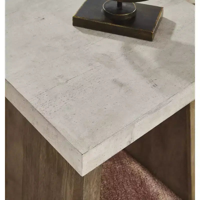 Signature Design by Ashley Brendalhouse Contemporary Square End Table - Faux Cement Top with Mango Wood Base, Light Brown