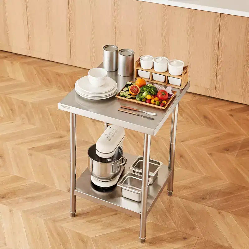 VEVOR Table de préparation en acier inoxydable, 61 x 61 x 86,4 cm, capacité de charge de 317,5 kg, table de travail en métal robuste avec 3 niveaux de hauteur réglables
