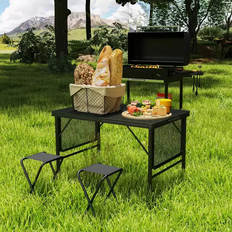 Outsunny Folding Grill Table, 4.5 ft Portable Camping Table with 2 Wing Panels, Height Adjustable Metal Outdoor Table for Picnic, BBQ, Party