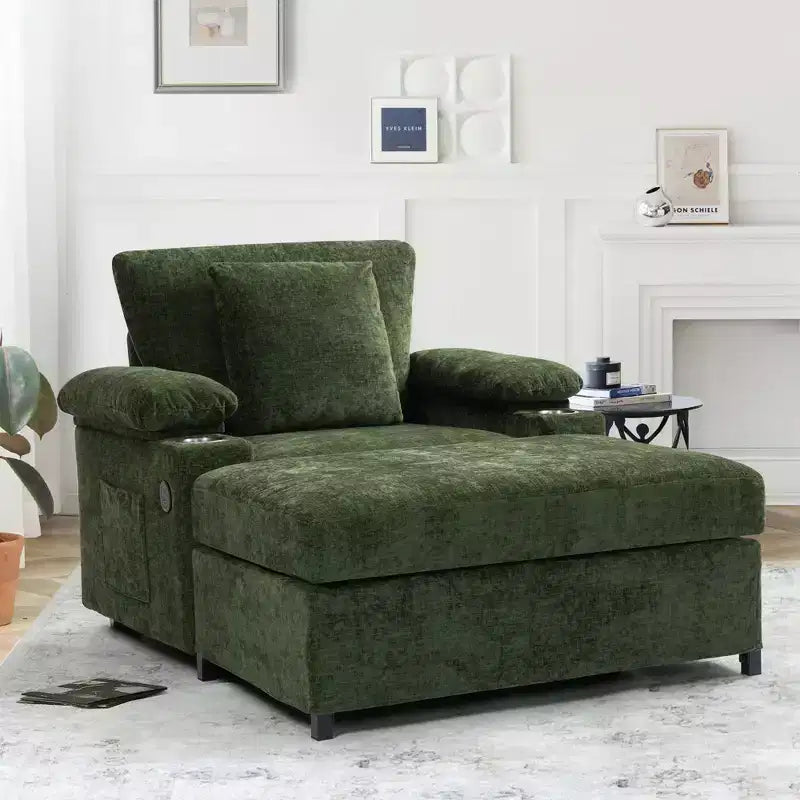 Fauteuil surdimensionné moderne avec ottoman, fauteuil d'appoint confortable en tissu chenille avec porte-gobelets et ports USB - ModernLuxe