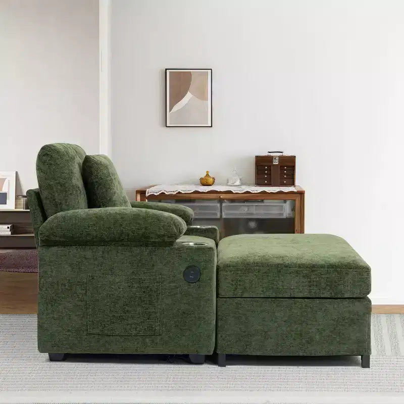 Fauteuil surdimensionné moderne avec ottoman, fauteuil d'appoint confortable en tissu chenille avec porte-gobelets et ports USB - ModernLuxe