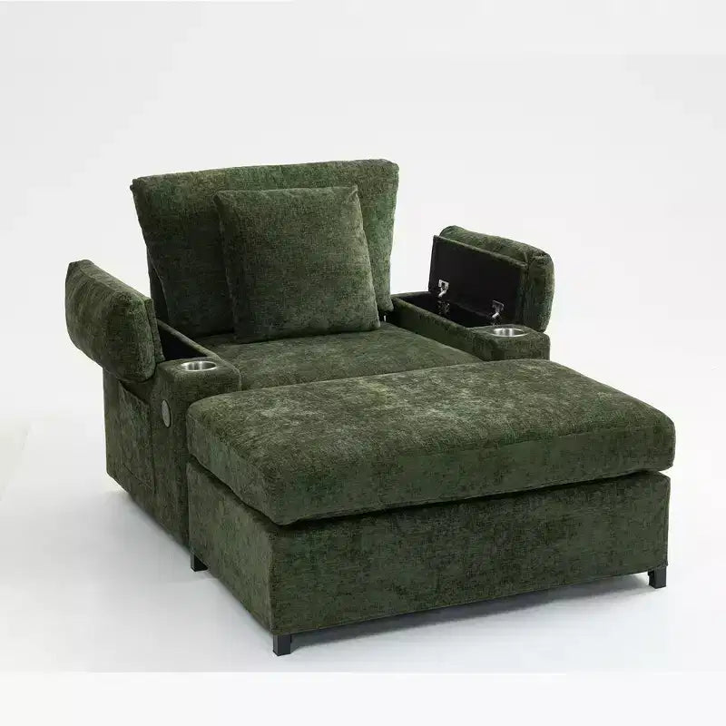 Fauteuil surdimensionné moderne avec ottoman, fauteuil d'appoint confortable en tissu chenille avec porte-gobelets et ports USB - ModernLuxe