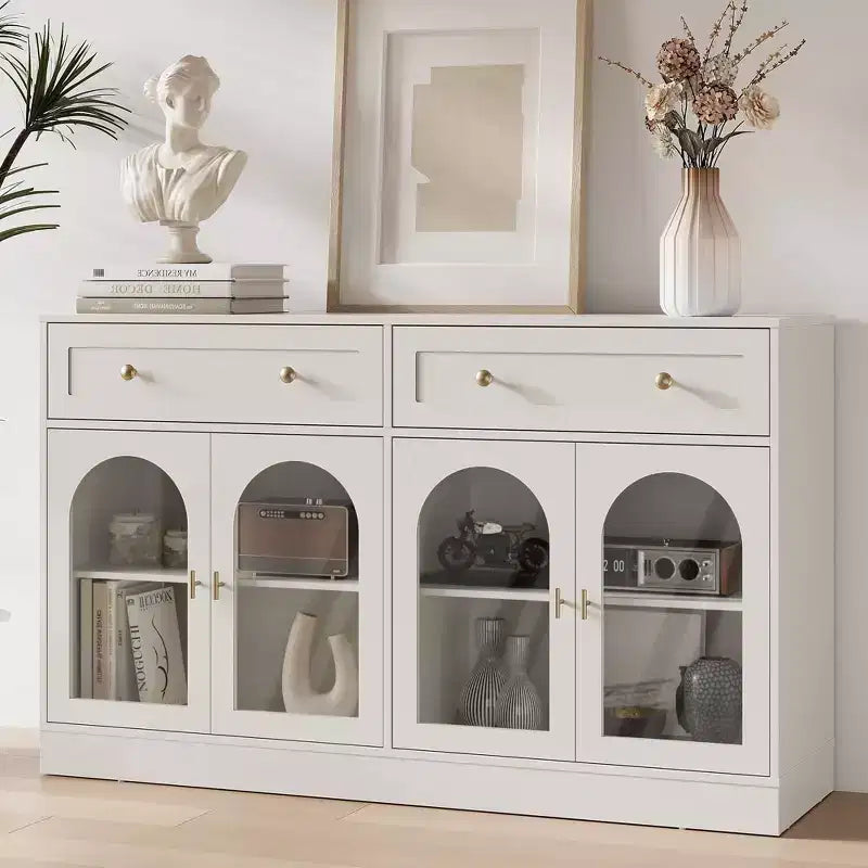 Heynemo Sideboard, Sideboard with Adjustable Shelves & 4 Doors, Kitchen Storage Sideboards with 2 Drawers, Wood Coffee Bar Table, White