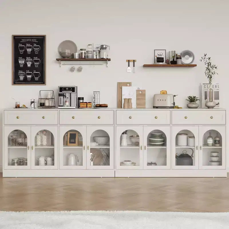 Heynemo Sideboard, Sideboard with Adjustable Shelves & 4 Doors, Kitchen Storage Sideboards with 2 Drawers, Wood Coffee Bar Table, White
