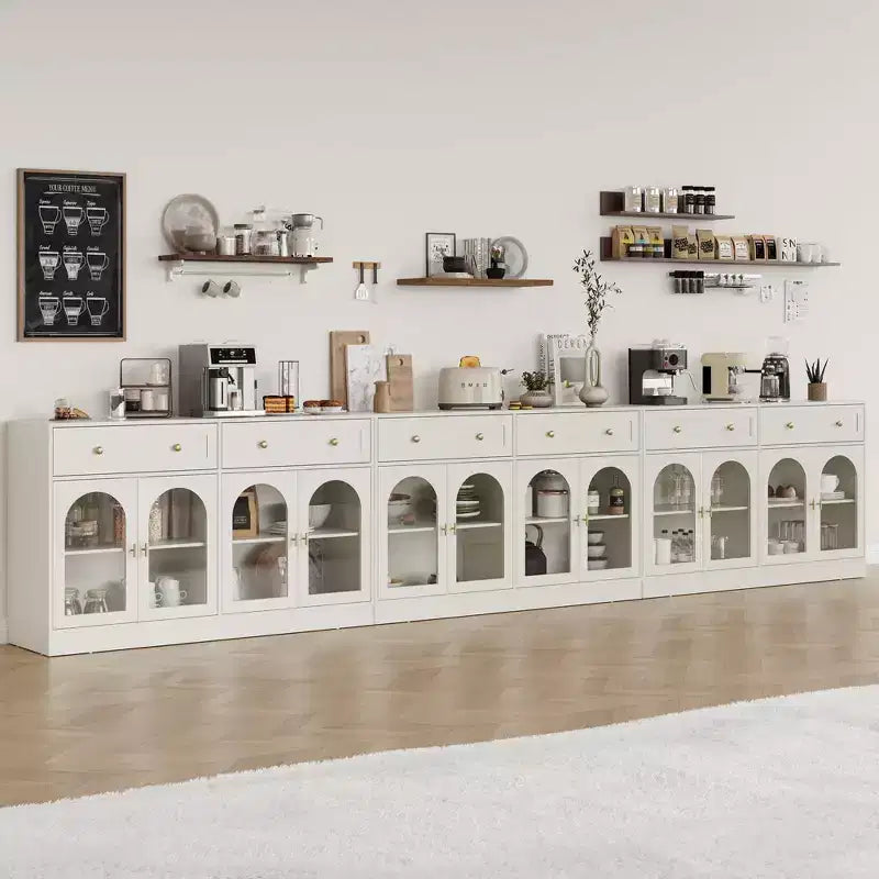 Heynemo Sideboard, Sideboard with Adjustable Shelves & 4 Doors, Kitchen Storage Sideboards with 2 Drawers, Wood Coffee Bar Table, White