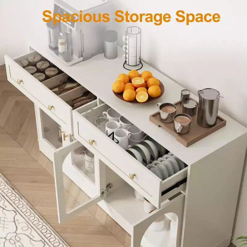 Heynemo Sideboard, Sideboard with Adjustable Shelves & 4 Doors, Kitchen Storage Sideboards with 2 Drawers, Wood Coffee Bar Table, White