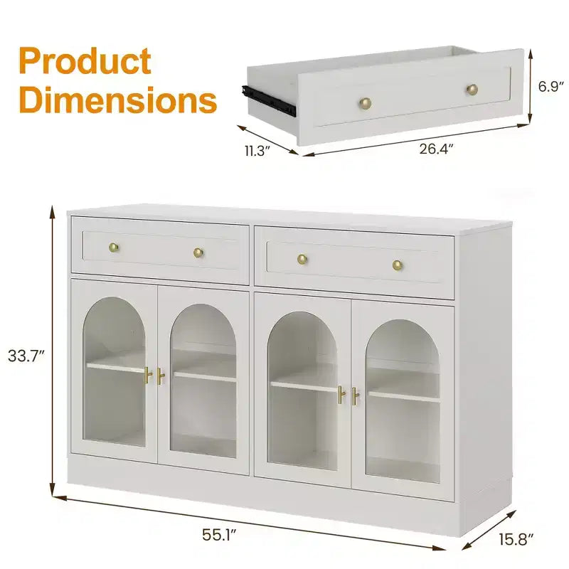 Heynemo Sideboard, Sideboard with Adjustable Shelves & 4 Doors, Kitchen Storage Sideboards with 2 Drawers, Wood Coffee Bar Table, White