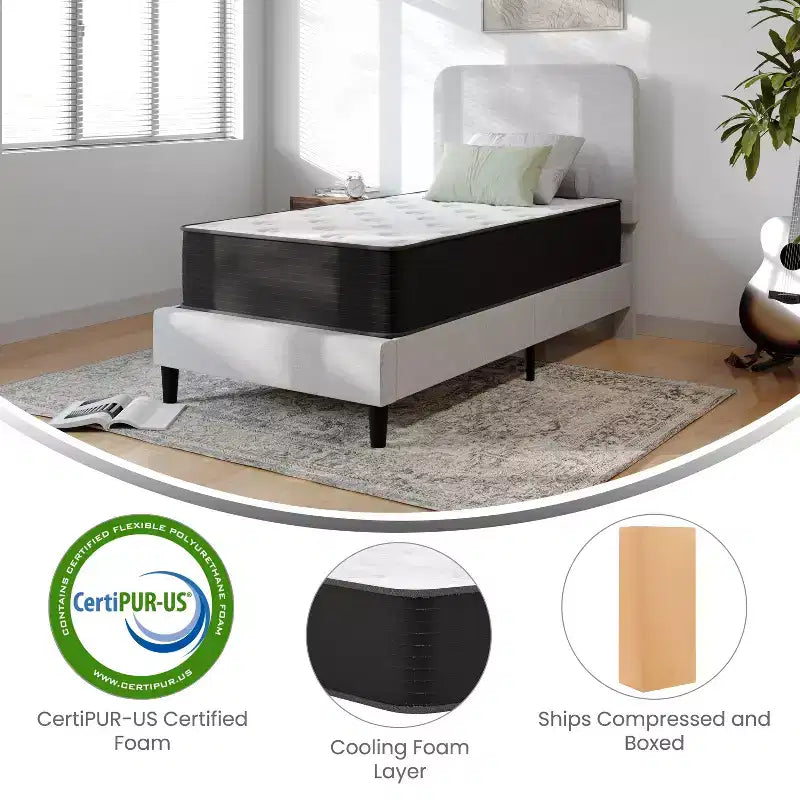 Matelas hybride Emma et Oliver de 12 pouces, en mousse haute densité rafraîchissante et ressorts ensachés en boîte, mousse certifiée CertiPur-US, Blanc/Noir
