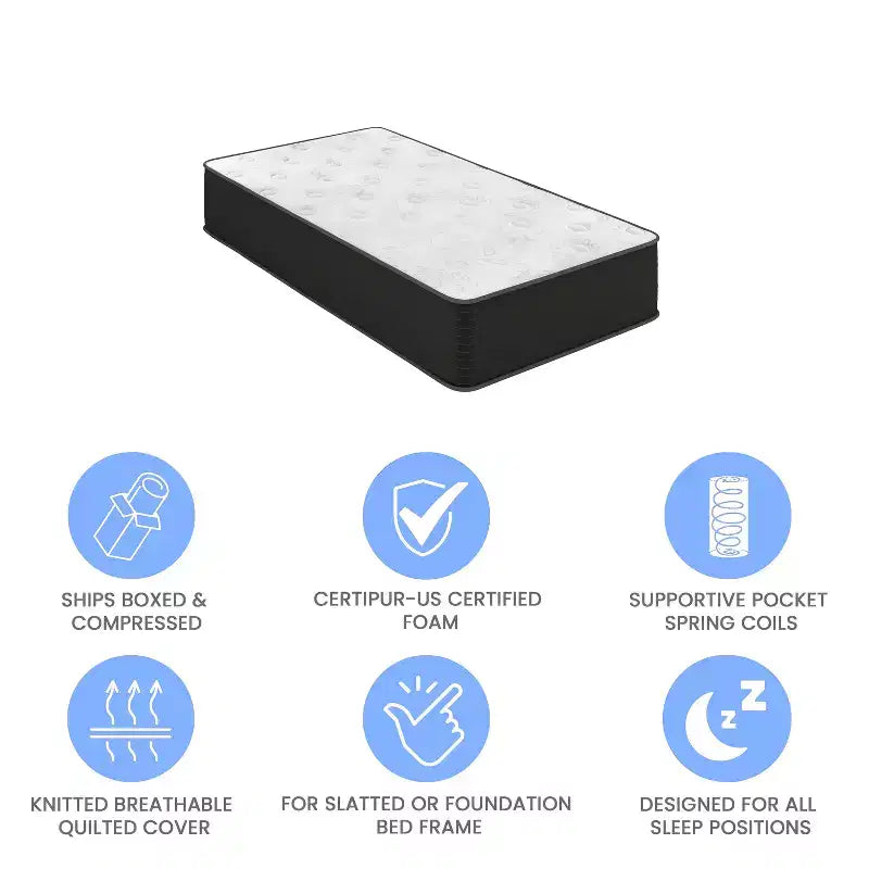 Matelas hybride Emma et Oliver de 12 pouces, en mousse haute densité rafraîchissante et ressorts ensachés en boîte, mousse certifiée CertiPur-US, Blanc/Noir