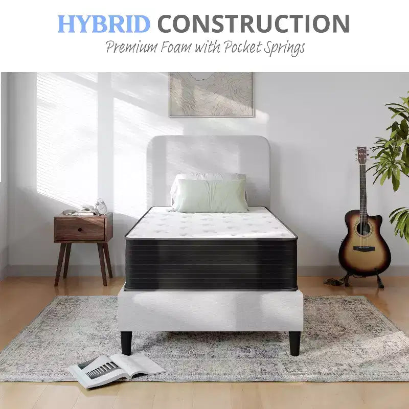 Matelas hybride Emma et Oliver de 12 pouces, en mousse haute densité rafraîchissante et ressorts ensachés en boîte, mousse certifiée CertiPur-US, Blanc/Noir