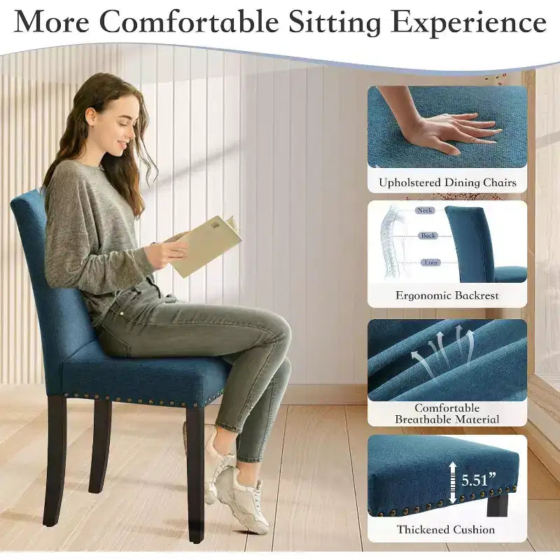 Lot de 2 chaises de salle à manger rembourrées, chaises Parsons ergonomiques à dossier haut en tissu avec garniture cloutée pour cuisine/salle à manger/hôtel