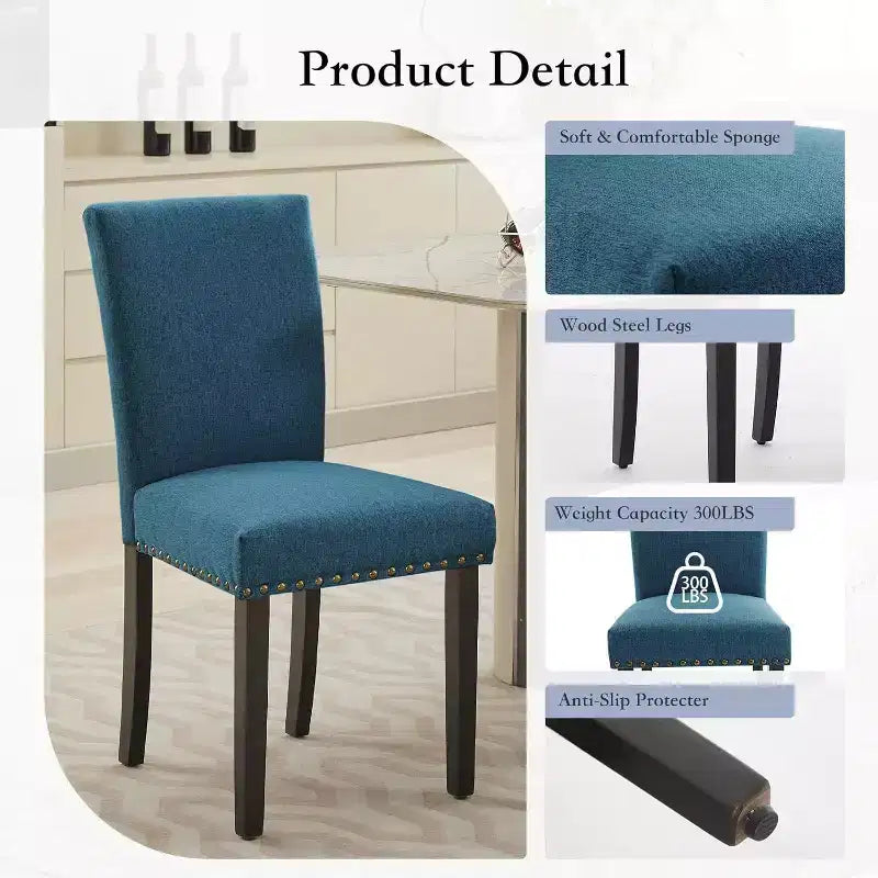 Lot de 2 chaises de salle à manger rembourrées, chaises Parsons ergonomiques à dossier haut en tissu avec garniture cloutée pour cuisine/salle à manger/hôtel