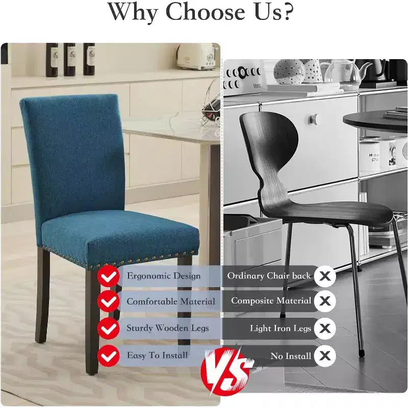 Lot de 2 chaises de salle à manger rembourrées, chaises Parsons ergonomiques à dossier haut en tissu avec garniture cloutée pour cuisine/salle à manger/hôtel