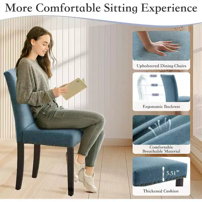 Lot de 2 chaises de salle à manger rembourrées, chaises Parsons ergonomiques à dossier haut en tissu avec garniture cloutée pour cuisine/salle à manger/hôtel